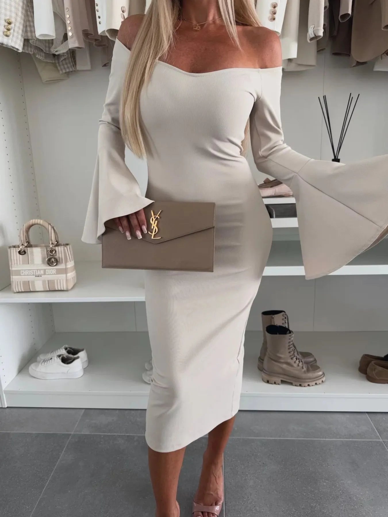 Off Shoulder Bell Sleeve Bodycon Midi Dress