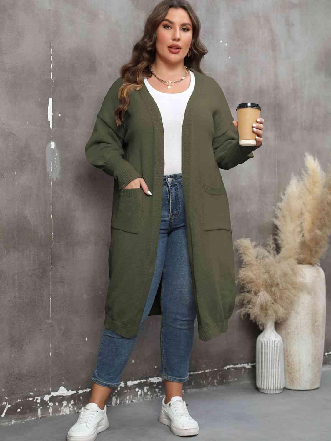 Plus Size Long Sleeve Pocketed Cardigan - Clothes For Her Online Store