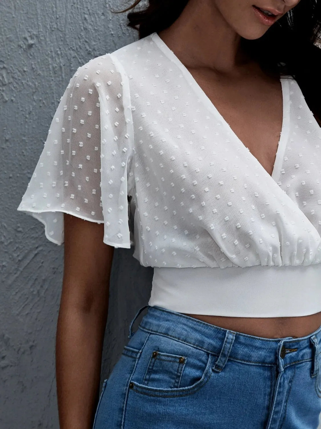 Short Sleeve Smocked Swiss Dot Blouse