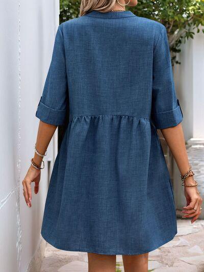 Perfee Button Down Notched Half Sleeve Mini Shirt Dress