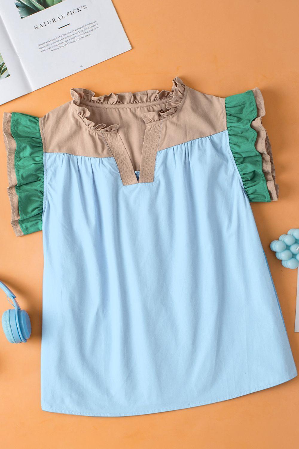 Color Block Notched Ruffled Cap Sleeve Blouse