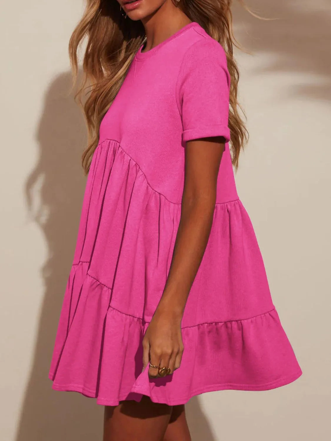 Tiered Round Neck Short Sleeve Mini Dress