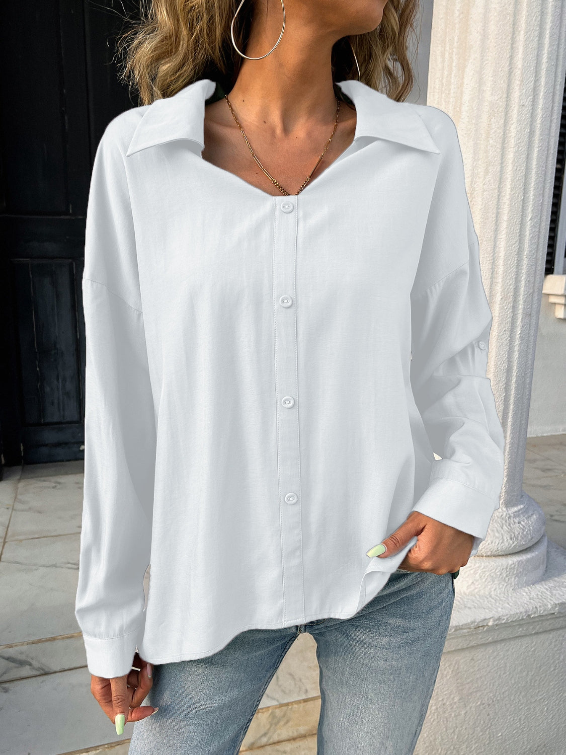 Button Down Collared Neck Long Sleeve Shirt