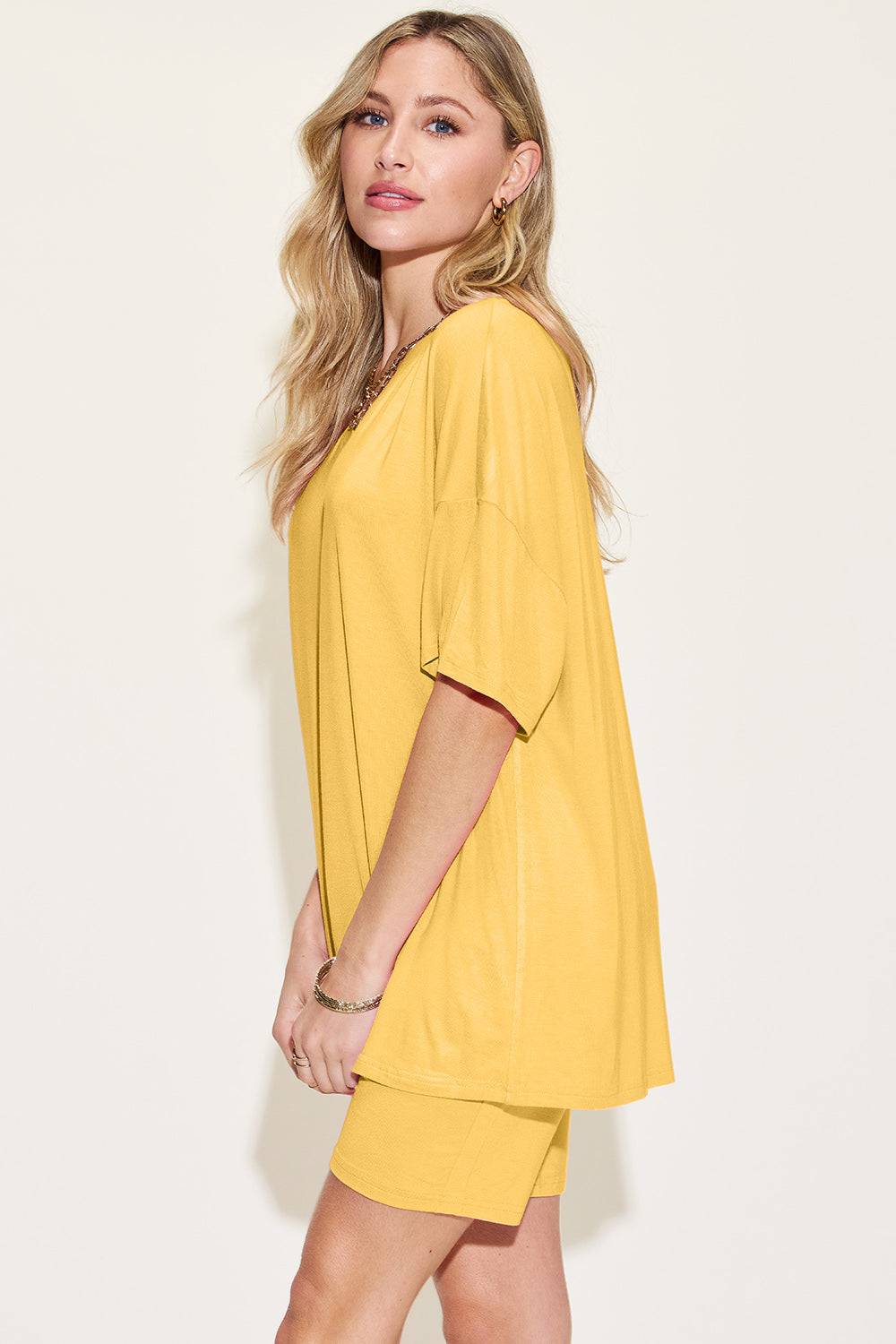 Basic Bae Bamboo Full Size V-Neck Drop Shoulder T-Shirt and Shorts Set - Clothes For Her Online Store