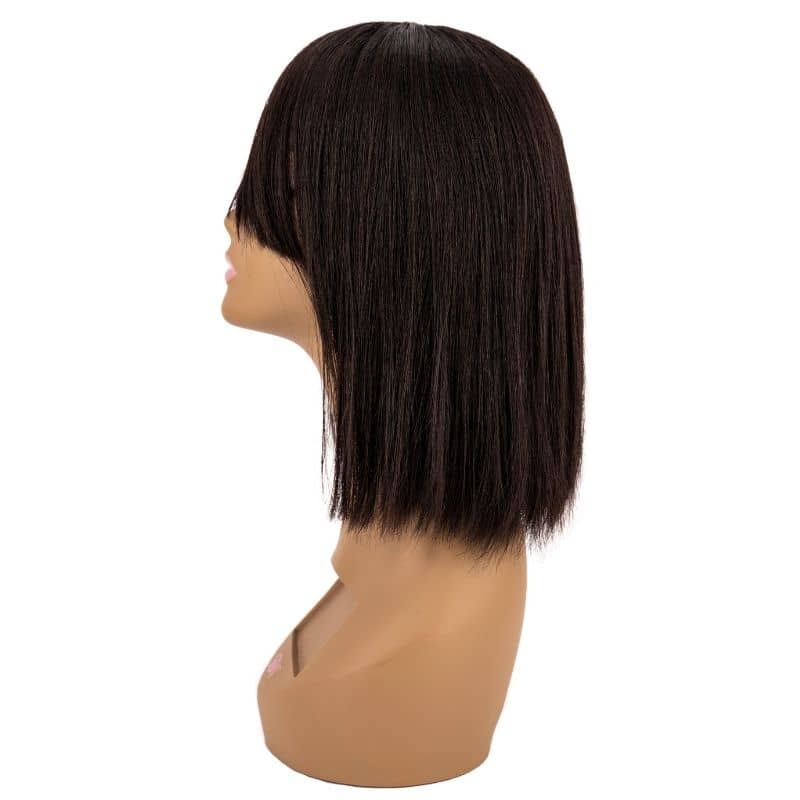 Straight Bang bob WigStraight Bang bob Wig Hair Type: 100% Human Hair Hair Lengths: 10", 12", 14" Density: 130% Hair Color: Natural 1B Coloring: Can lift to a #27 Hair Grade: Virgin Hair