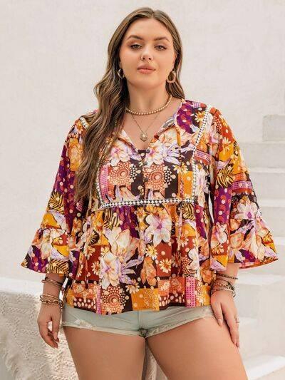 Plus Size Printed Tie Neck Blouse - Clothes For Her Online Store