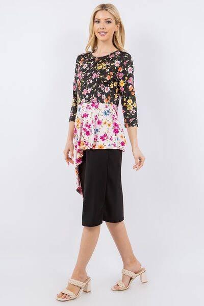 Celeste Floral Asymmetrical Hemline Round Neck Top