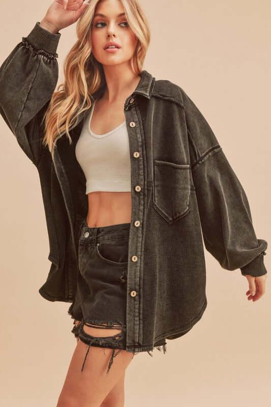 Aemi + Co Acid Washed Exposed Seam Button Up Jacket - Clothes For Her Online Store