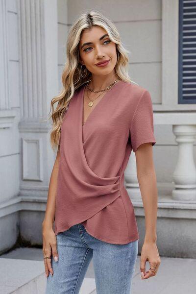 Solid Color Surplice Short Sleeve Blouse - Clothes For Her Online Store