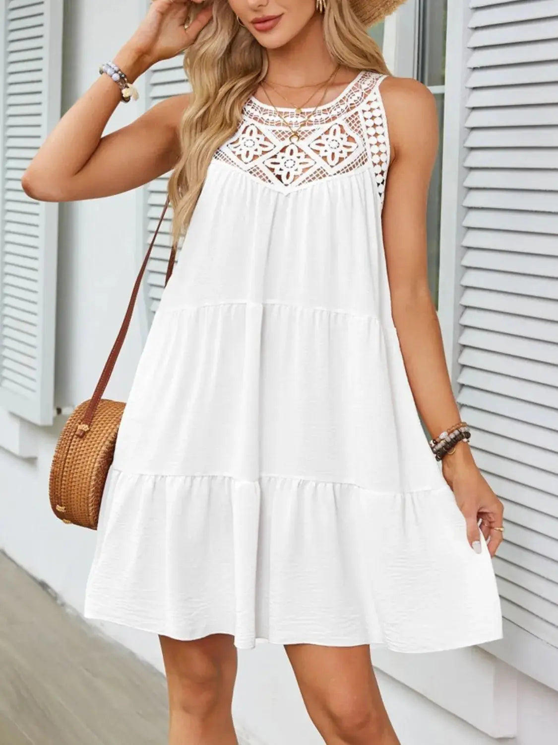 Ruffled Hem Lace Sleeveless Dress - Clothes For Her Online Store