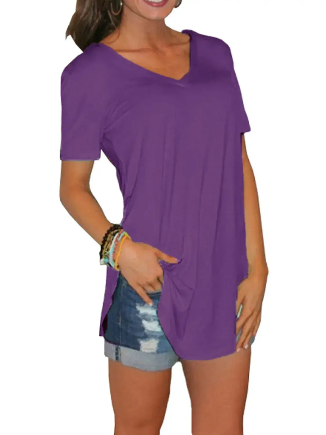 Full Size Solid V-Neck Short Sleeve T-Shirt Plus Size