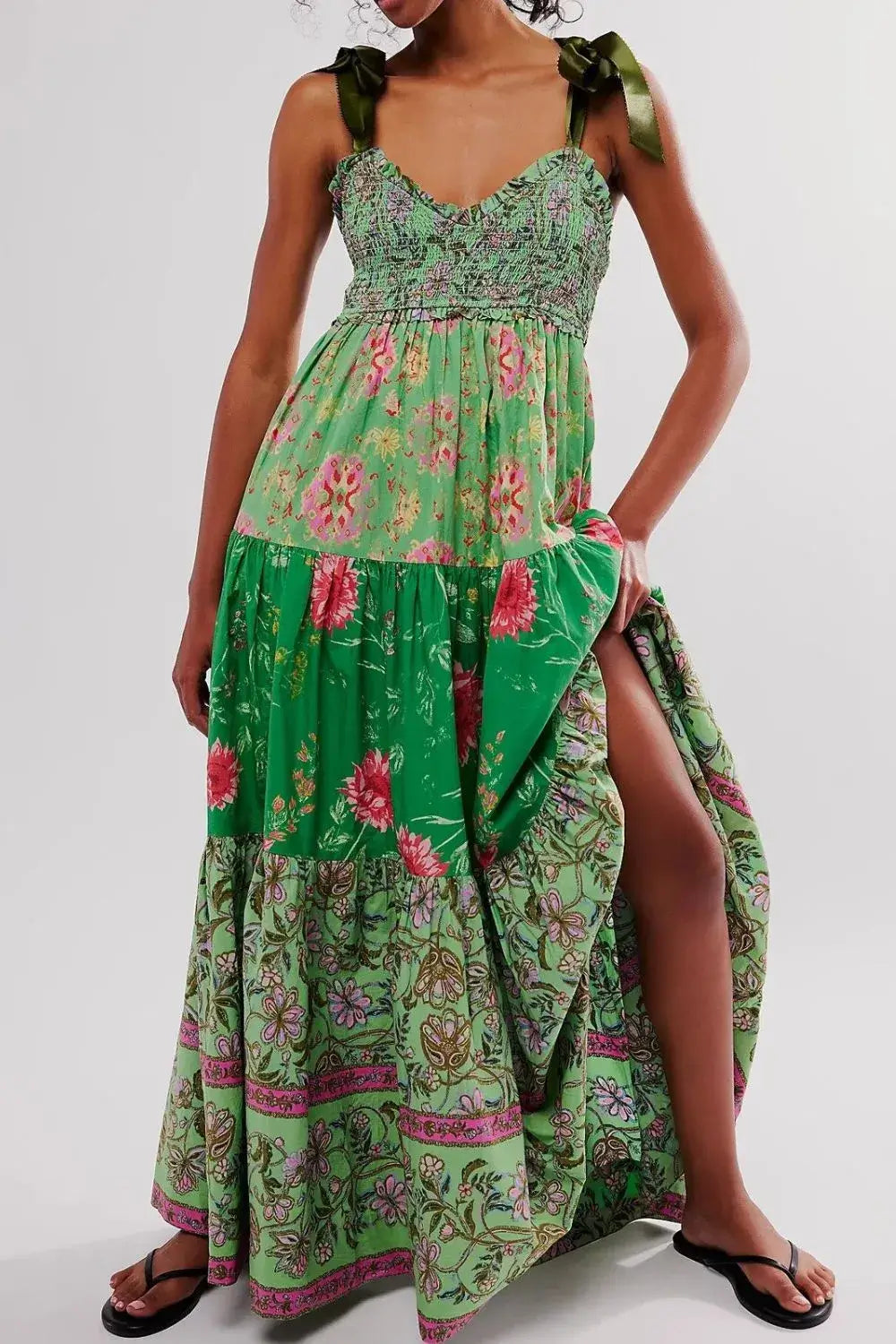 Floral Tiered Maxi Dress with Mixed Print Design