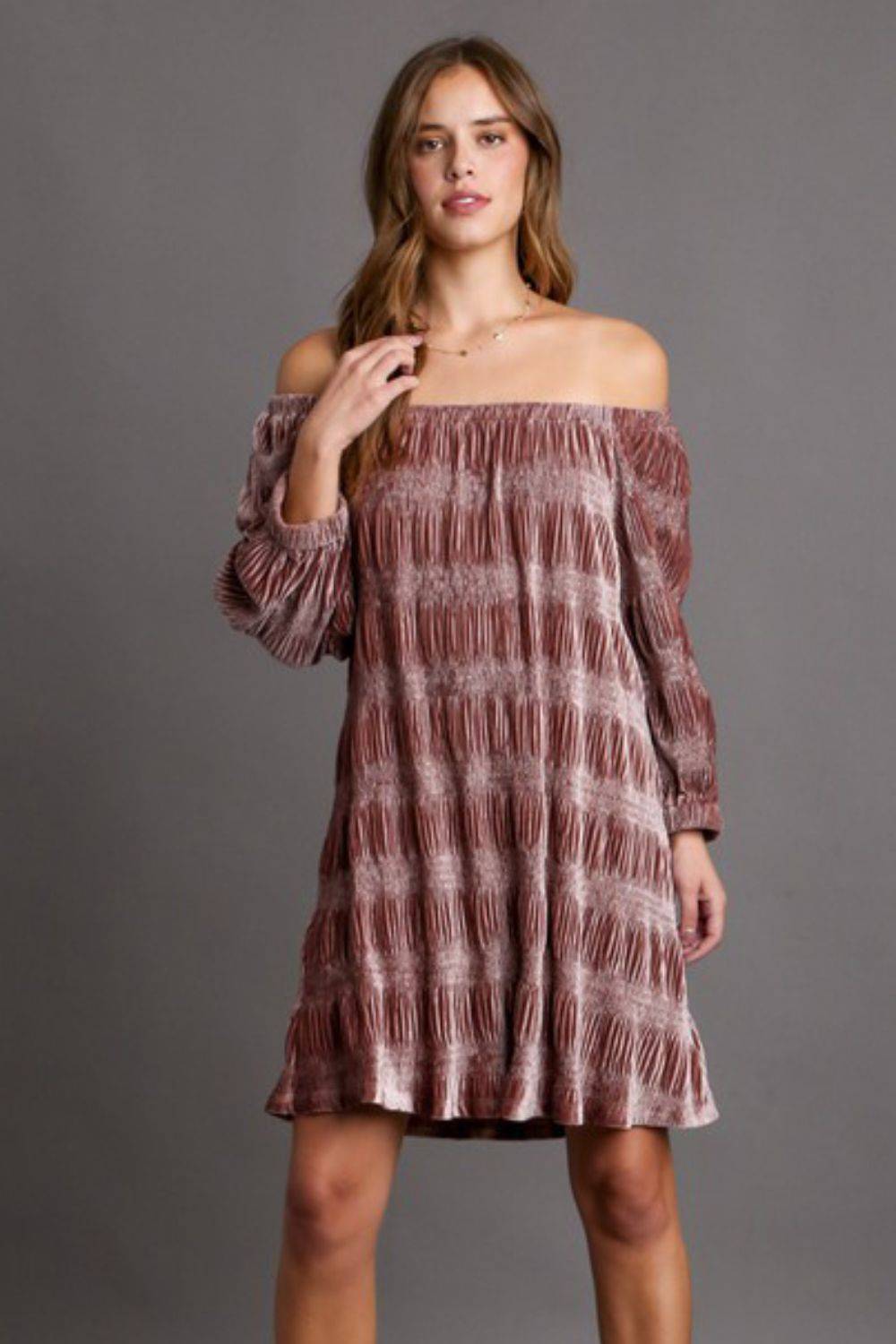Umgee Off-Shoulder Balloon Sleeve Velvet Mini Dress - Clothes For Her Online Store