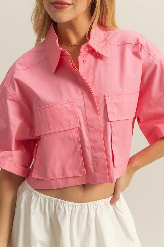 HYFVE Front Pockets Poplin Collared Neck Crop Shirt - Clothes For Her Online Store