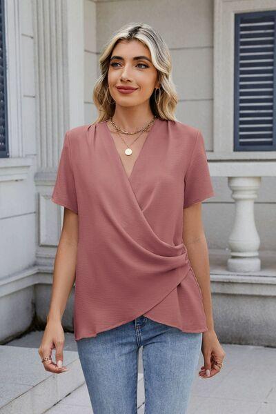 Solid Color Surplice Short Sleeve Blouse - Clothes For Her Online Store