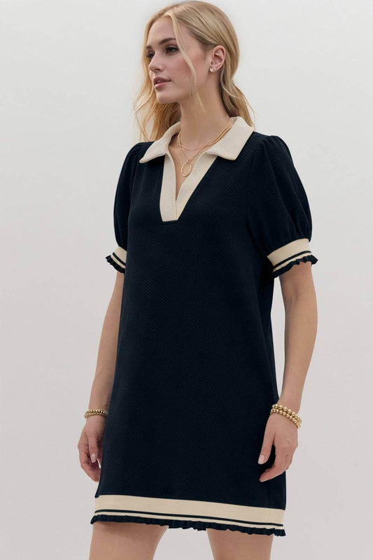Oh Frill Contrast Trim Johnny Collar Short Sleeve Mini Dress - Clothes For Her Online Store