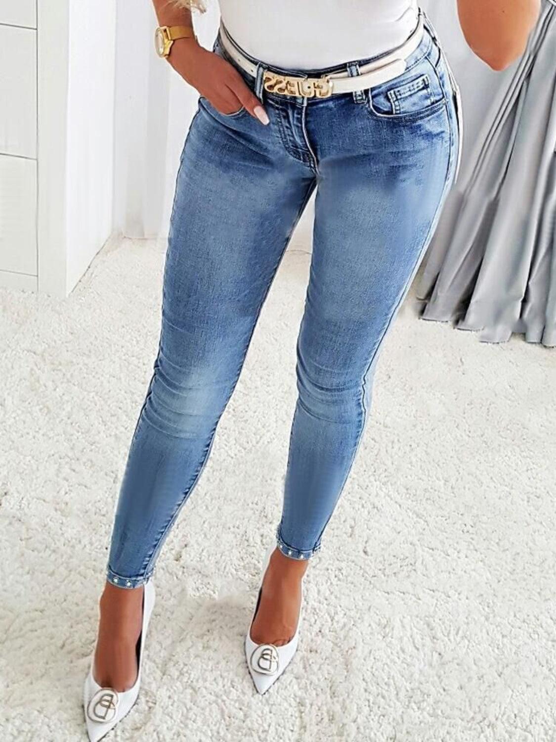 Rhinestone Skinny Jeans with Pockets - Clothes For Her Online Store
