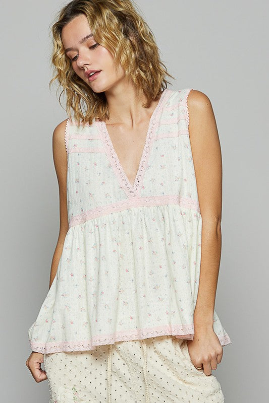 POL Lace Detail Floral V-Neck Sleeveless Top