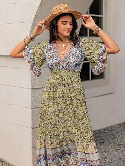 Ruched Printed Flounce Sleeve Maxi Dress