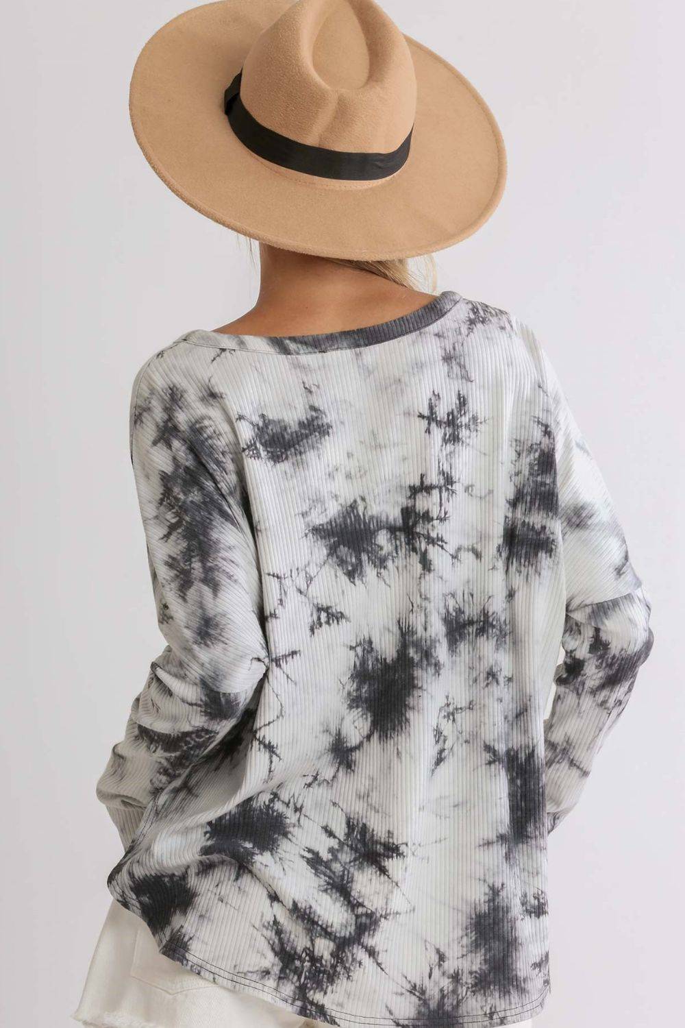 Umgee Full Size Tie Dye Round Neck Ribbed Button Front Top Plus Size - Clothes For Her Online Store