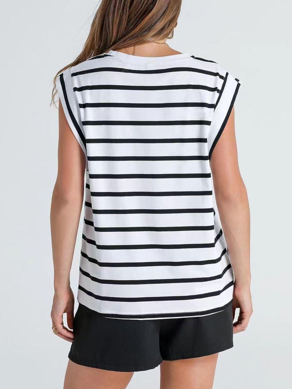 Florira Striped Round Neck Cap Sleeve T-Shirt