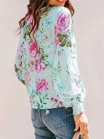 Smocked Printed Round Neck Lantern Sleeve Blouse