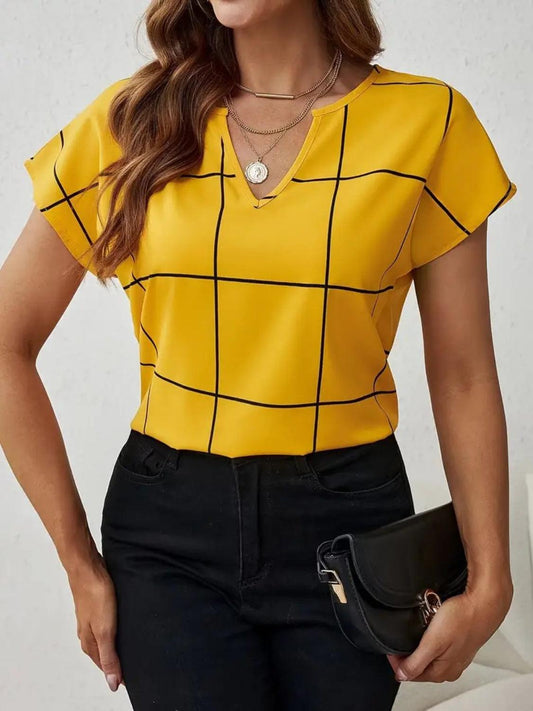 Plaid Contrast Notched Blouse