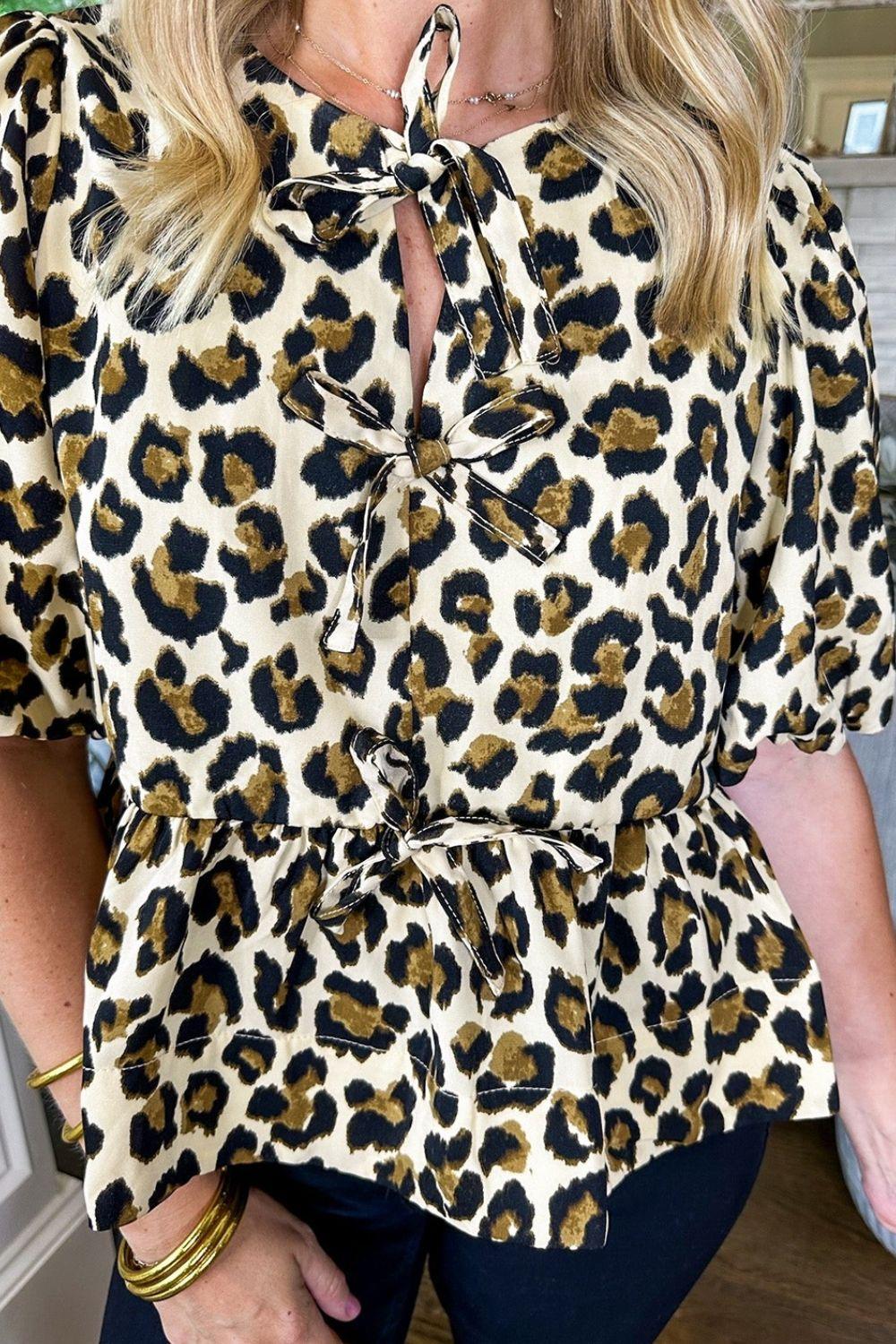 Leopard Bow Tie Front Puff Sleeve Peplum Blouse - Clothes For Her Online Store