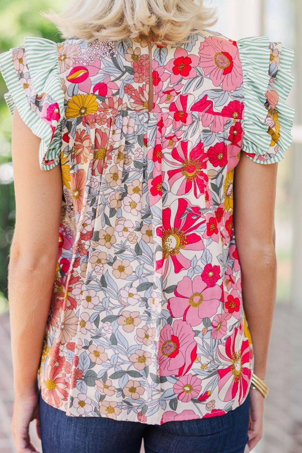 Frill Floral Print Ruffle Cap Sleeve Blouse