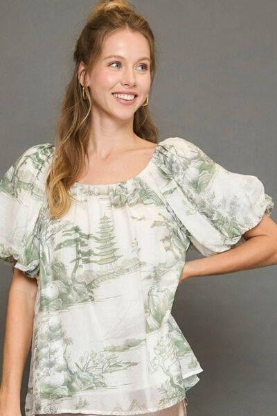 Umgee Full Size Two Tone Toile Print Top Plus Size