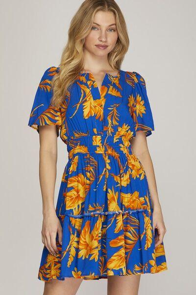 She + Sky Full Size Printed Notched Short Sleeve Frill Tiered Dress Plus Size - Clothes For Her Online Store