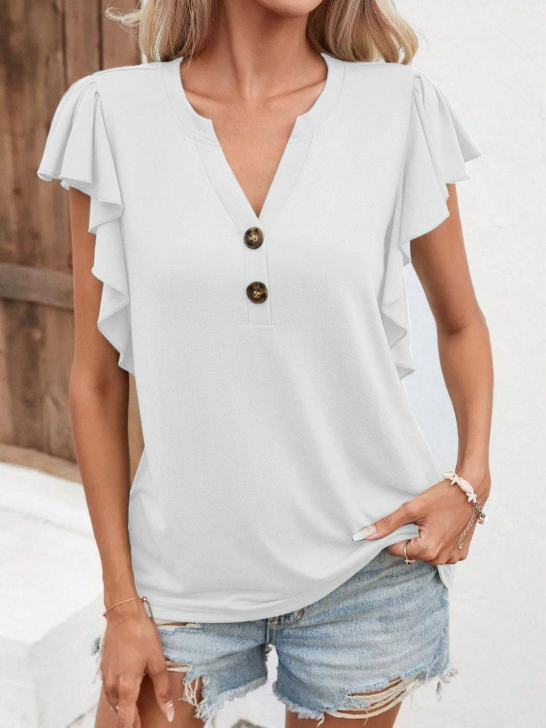 Full Size Ruffled Notched Cap Sleeve T-Shirt - Clothes For Her Online Store