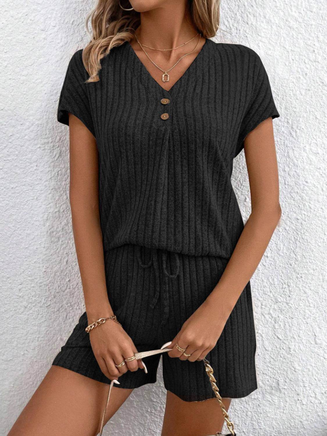 Ribbed V-Neck Top and Shorts Set - Clothes For Her Online Store