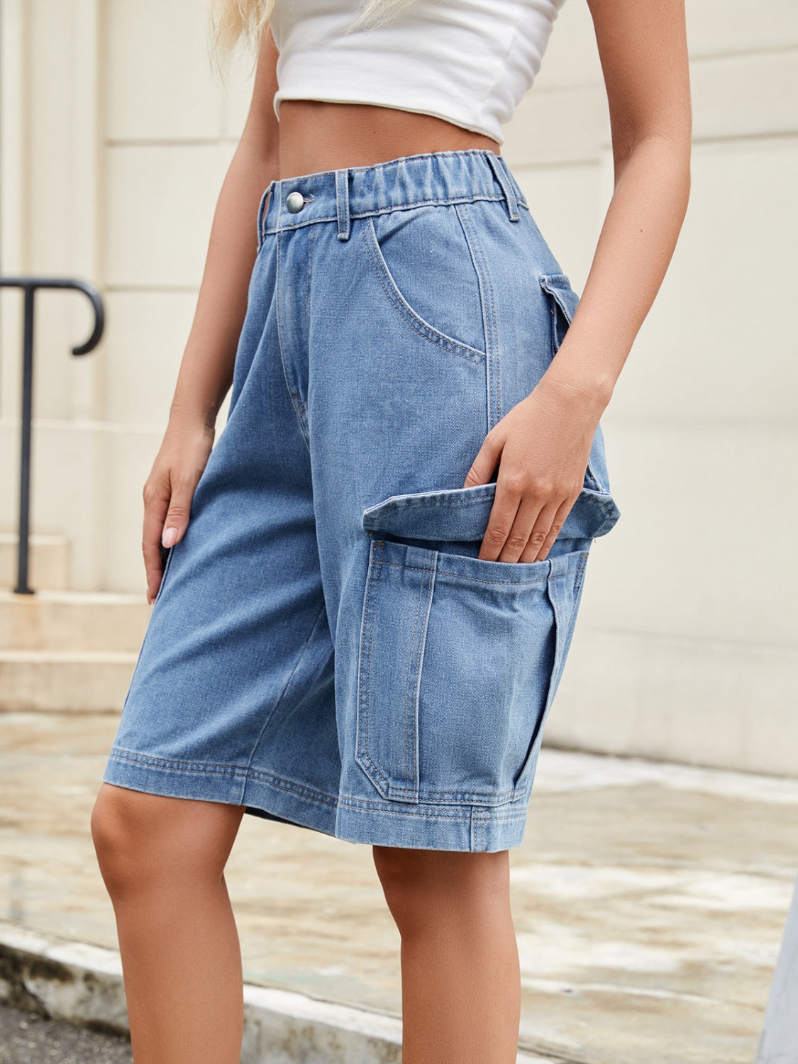 High Waist Denim Shorts with Pockets