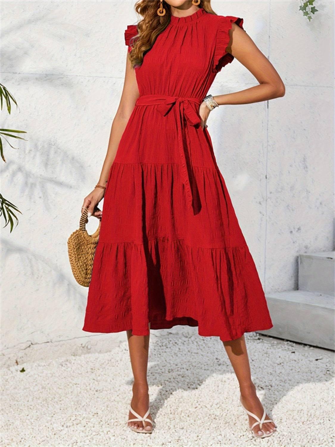 Frill Mock Neck Ruffled Cap Sleeve Midi Dress