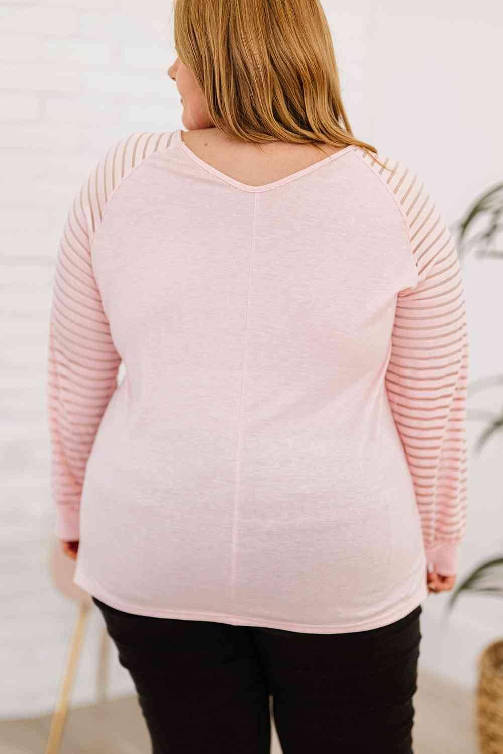 Plus Size Sheer Striped Sleeve V-Neck Top