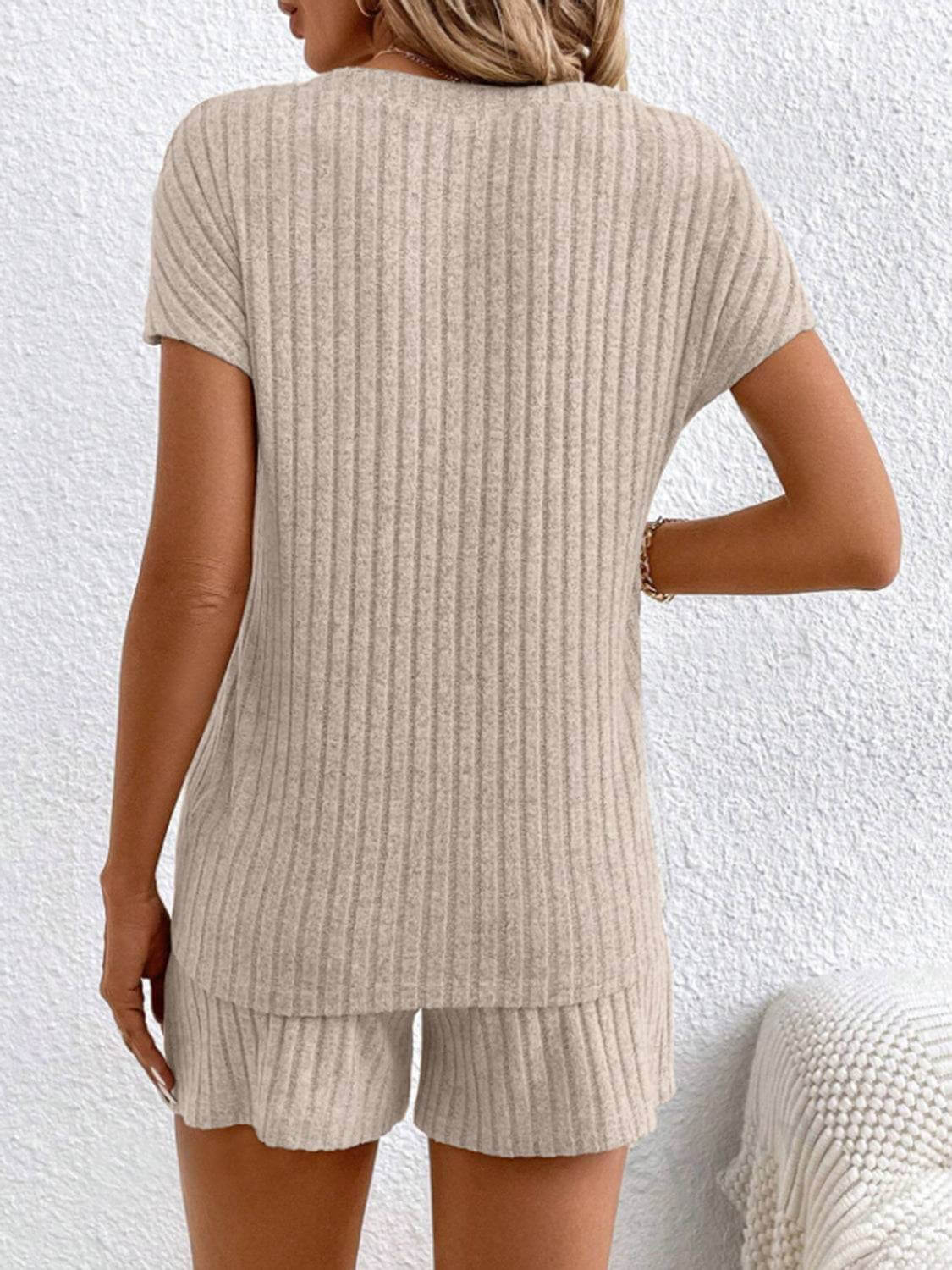 Ribbed V-Neck Top and Shorts Set - Clothes For Her Online Store