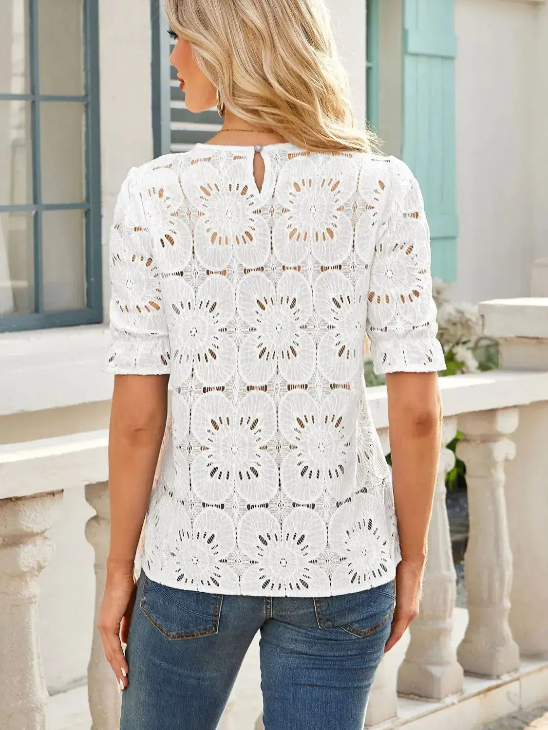 Openwork Round Neck Short Sleeve Top - Clothes For Her Online Store