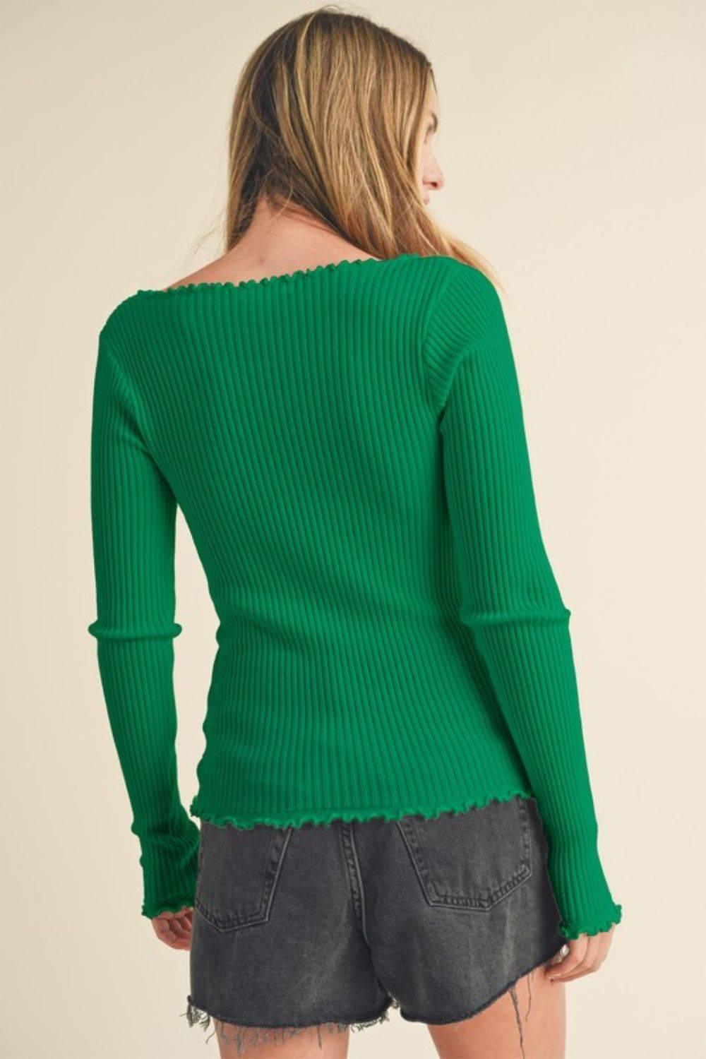 Aemi + Co Lettuce Hem Scoop Neck Long Sleeve Knit Top