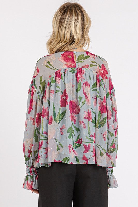 Mittoshop Floral Round Neck Flounce Sleeve Blouse - Clothes For Her Online Store