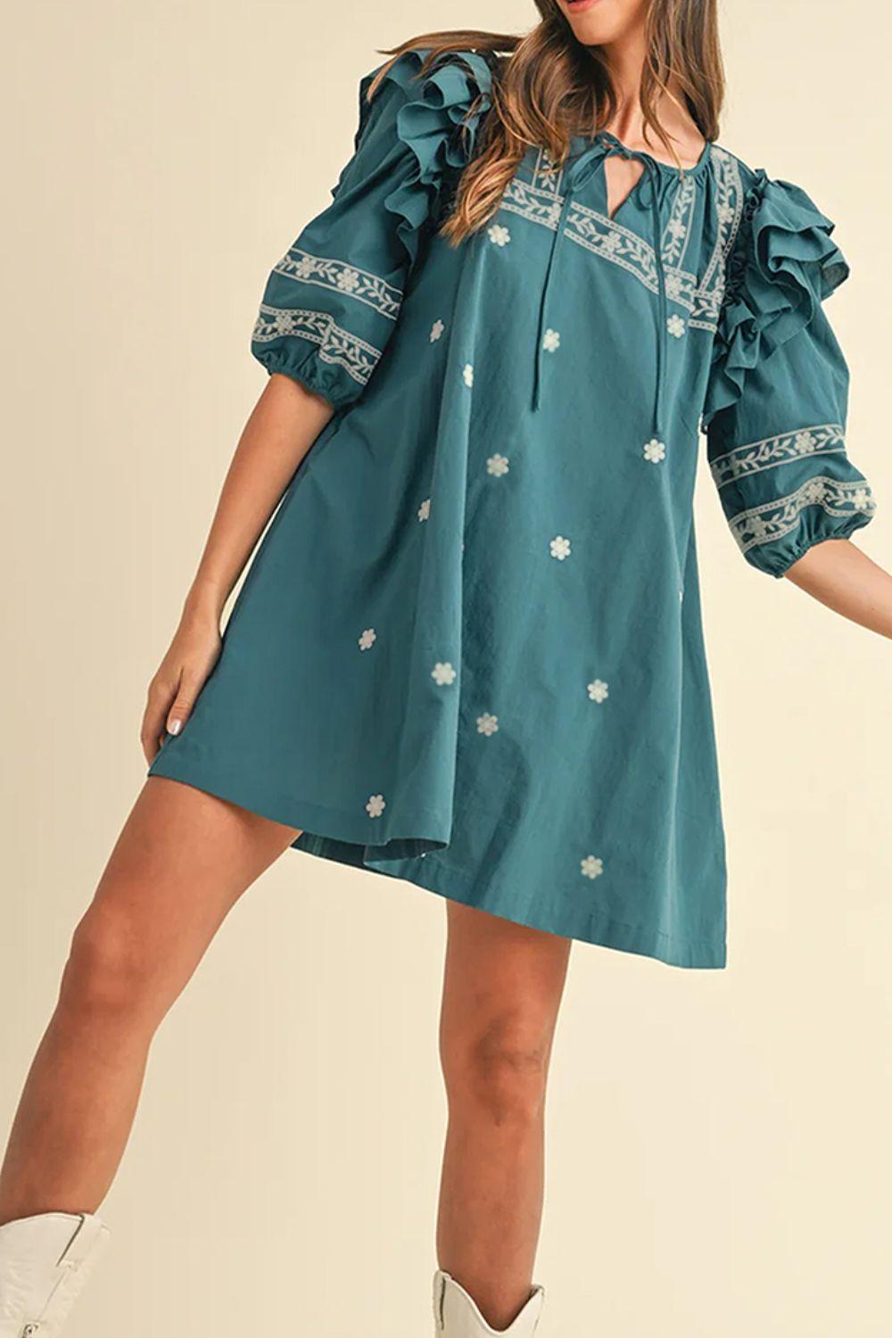 Floral Ruffle Puff Sleeve Tie Neck Mini Dress