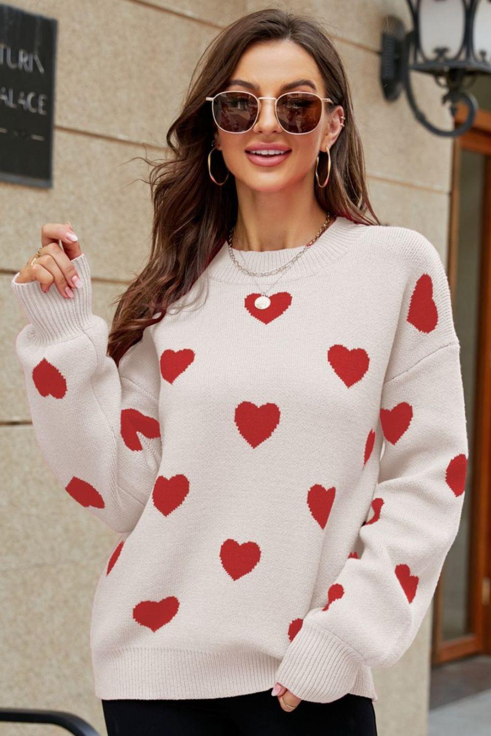 Woven Right Heart Pattern Lantern Sleeve Round Neck Tunic Sweater - Clothes For Her Online Store