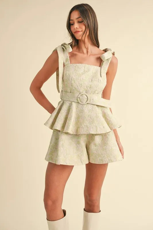 MABLE Jacquard Floral Peplum Top and Flare Shorts Set - Clothes For Her Online Store