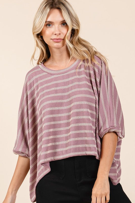 Mittoshop Texture Striped Print Round Neck Dolman Sleeve Top - Clothes For Her Online Store