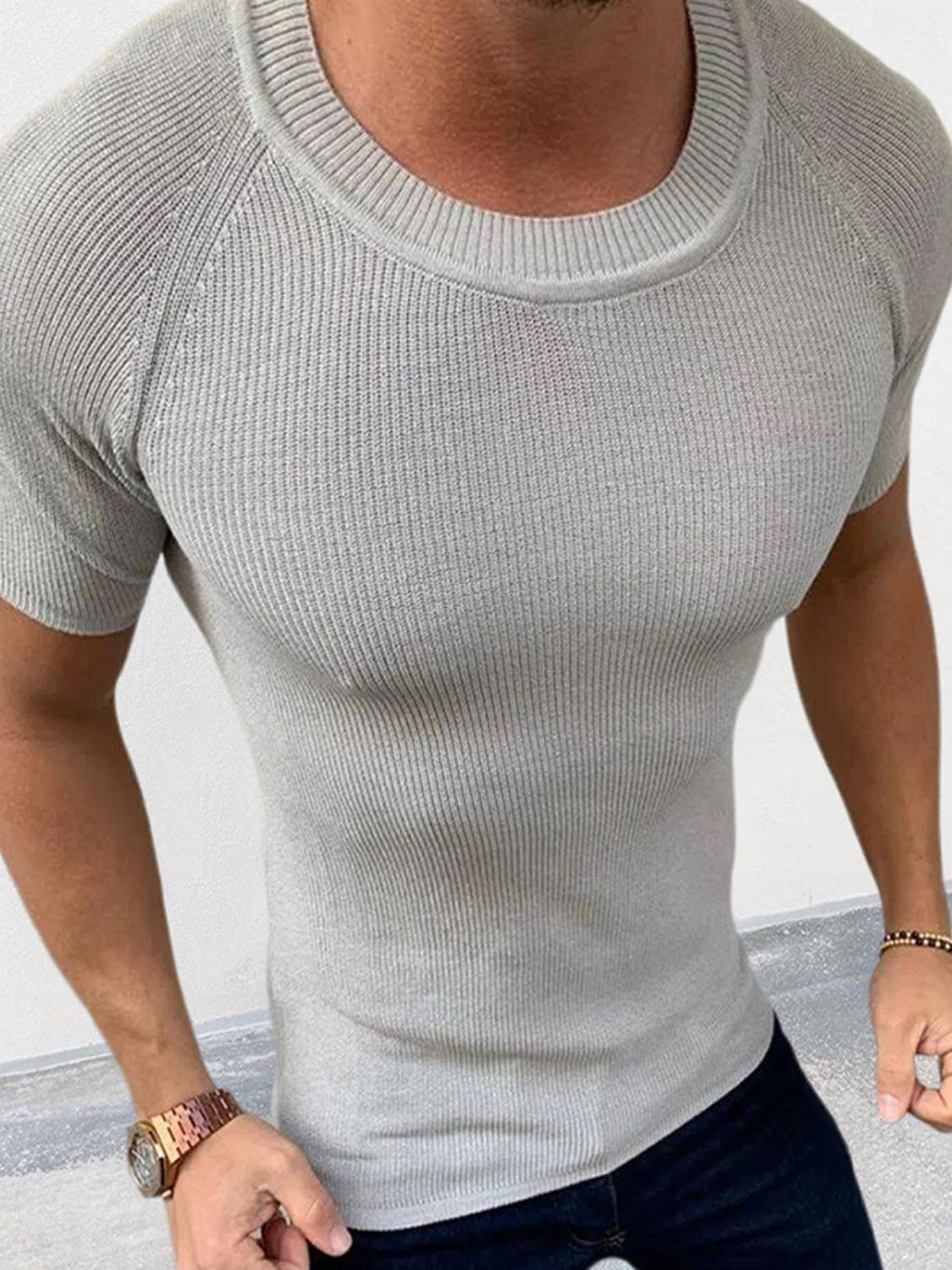 Men's Round Neck Short Sleeve Ribbed Knit T-Shirt