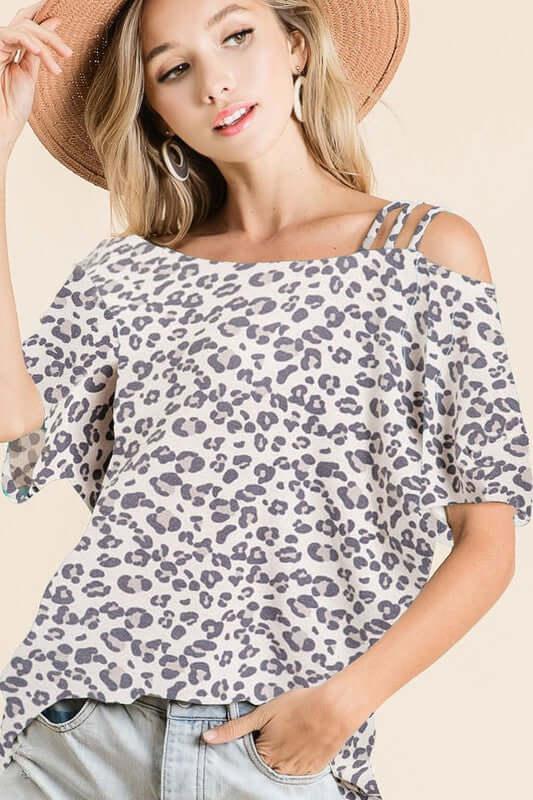 BiBi Leopard Asymmetrical Neck Short Sleeve T-Shirt