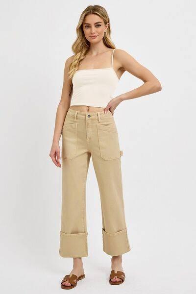 RISEN Full Size High Rise Wide Straight Cuffed Patch Jeans Plus Size - Clothes For Her Online Store