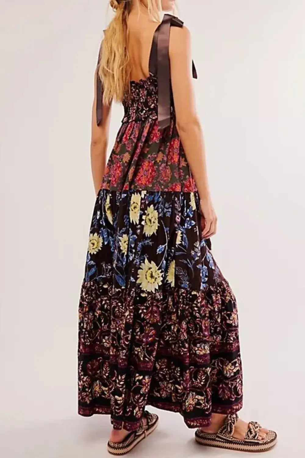 Floral Tiered Maxi Dress with Mixed Print Design