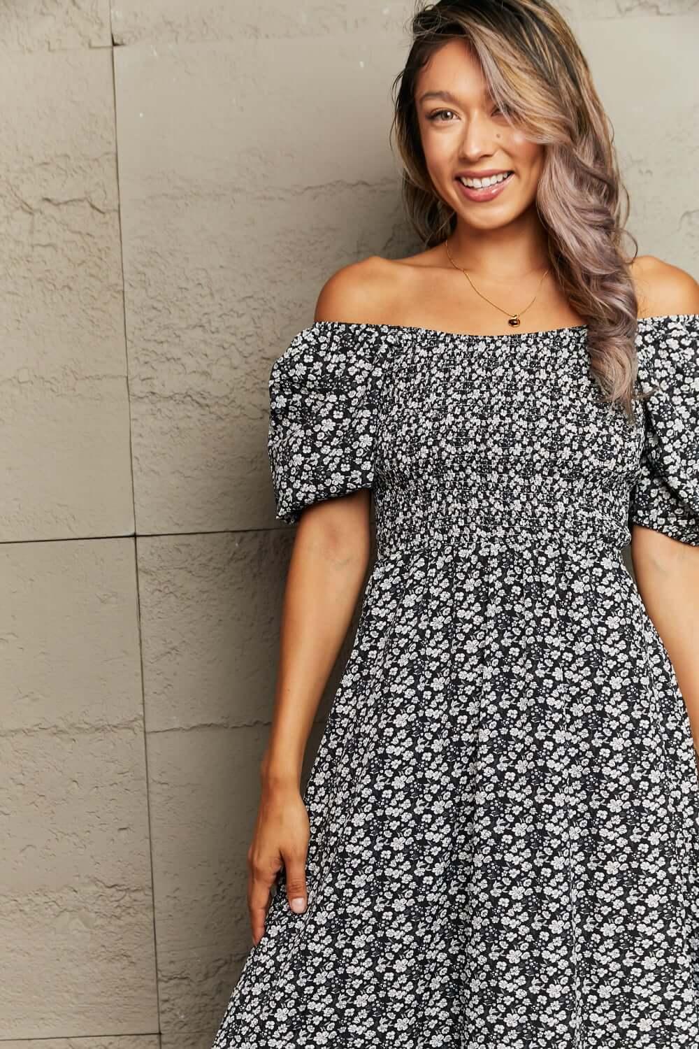 Perfee Floral Lace-Up Off-Shoulder Midi Dress - Clothes For Her Online Store