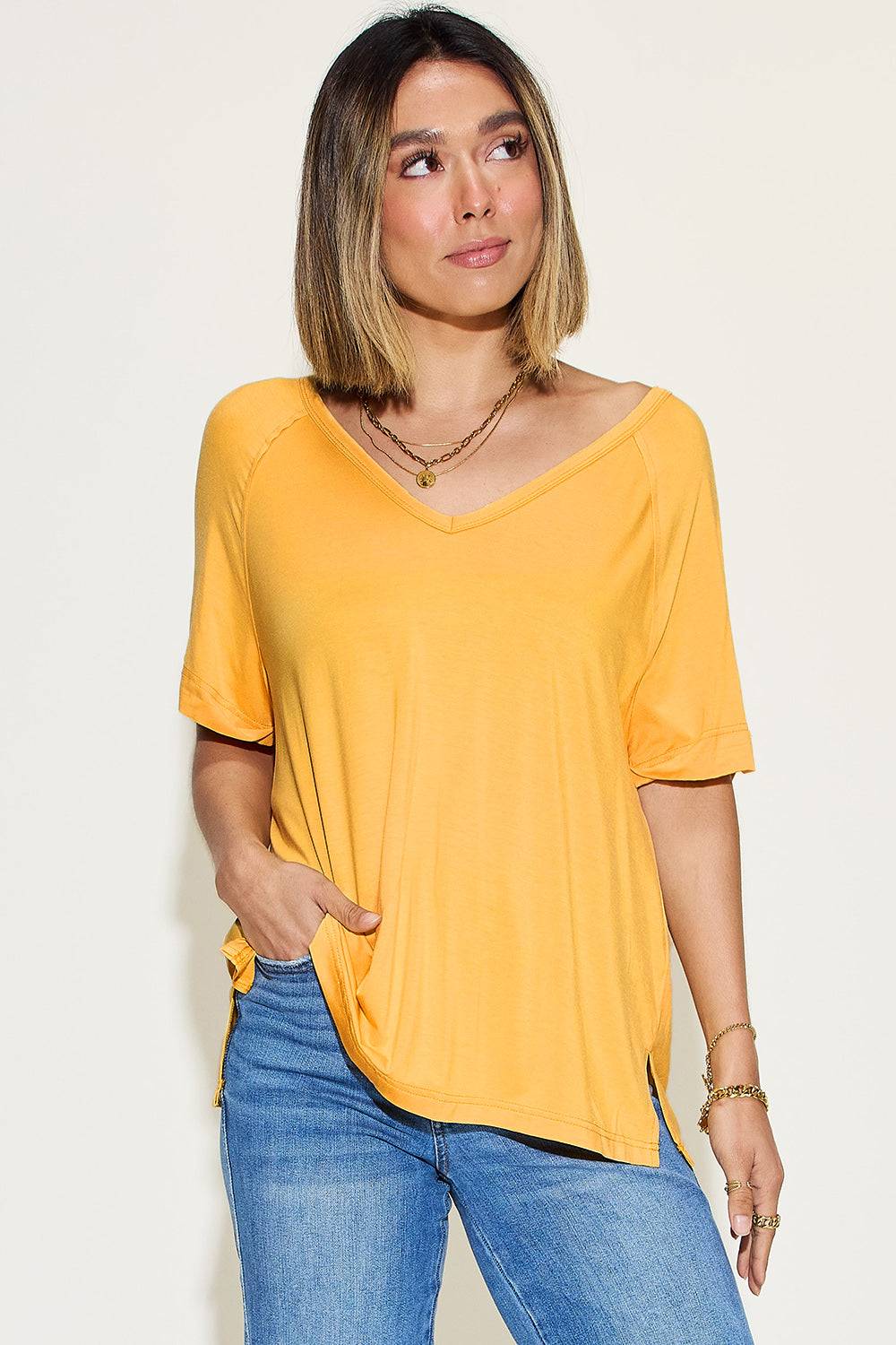 Basic Bae Full Size Bamboo Slit V-Neck Short Sleeve T-Shirt - Clothes For Her Online Store
